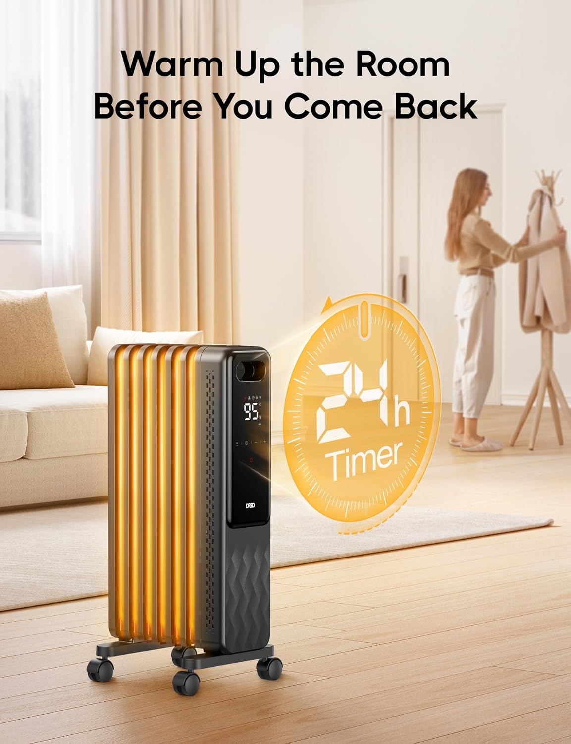 image:imageDREO Oil Filled Radiator Electric Radiant Heaters for indoor use Large Room with Remote Control Child Lock 4 Modes Overheat amp TipOver Protection 24h Timer Digital Thermostat Quiet 1500WBlack