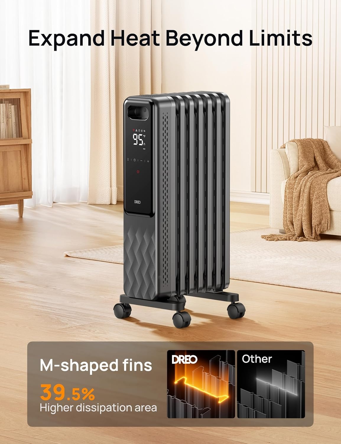 image:imageDREO Oil Filled Radiator Electric Radiant Heaters for indoor use Large Room with Remote Control Child Lock 4 Modes Overheat amp TipOver Protection 24h Timer Digital Thermostat Quiet 1500WSpace Grey