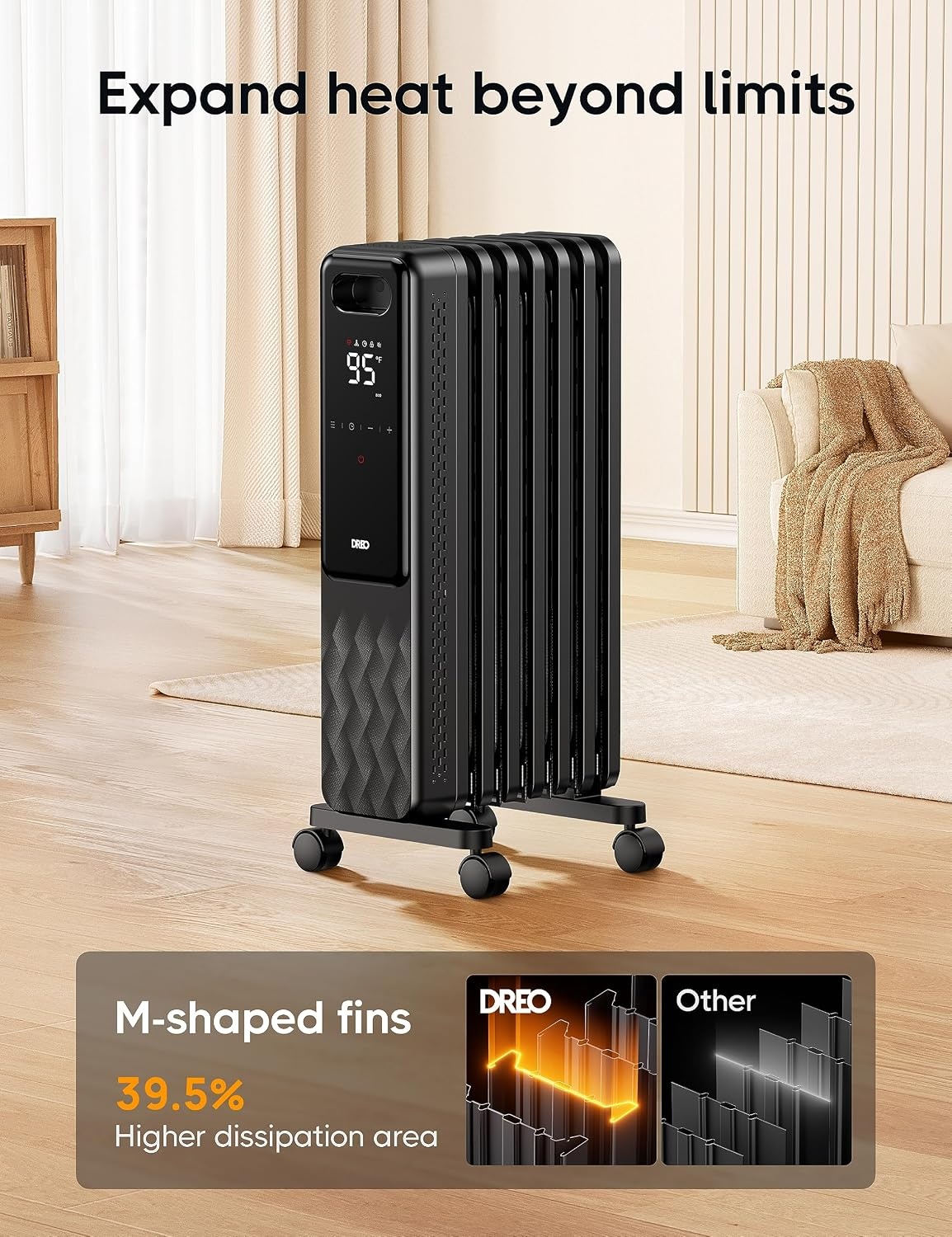 image:imageDREO Oil Filled Radiator Electric Radiant Heaters for indoor use Large Room with Remote Control Child Lock 4 Modes Overheat amp TipOver Protection 24h Timer Digital Thermostat Quiet 1500WBlack