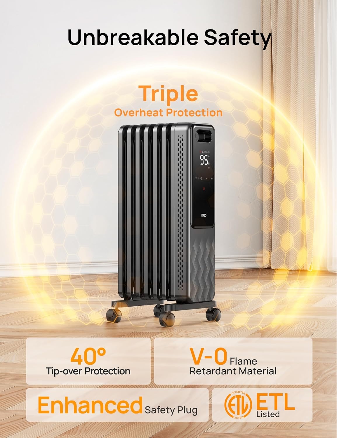 image:imageDREO Oil Filled Radiator Electric Radiant Heaters for indoor use Large Room with Remote Control Child Lock 4 Modes Overheat amp TipOver Protection 24h Timer Digital Thermostat Quiet 1500WSpace Grey
