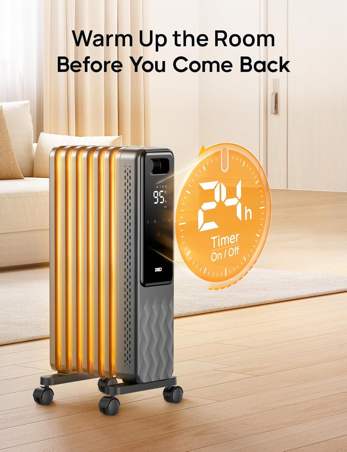 image:imageDREO Oil Filled Radiator Electric Radiant Heaters for indoor use Large Room with Remote Control Child Lock 4 Modes Overheat amp TipOver Protection 24h Timer Digital Thermostat Quiet 1500WSpace Grey