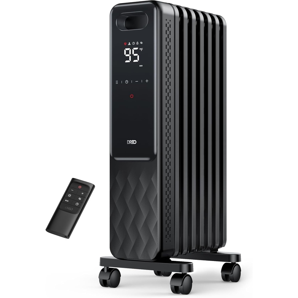 image:imageDREO Oil Filled Radiator Electric Radiant Heaters for indoor use Large Room with Remote Control Child Lock 4 Modes Overheat amp TipOver Protection 24h Timer Digital Thermostat Quiet 1500WBlack