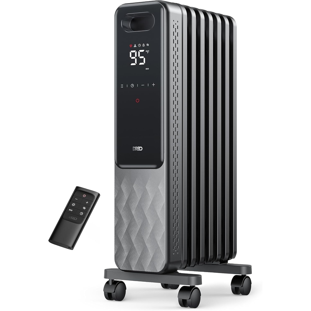 image:imageDREO Oil Filled Radiator Electric Radiant Heaters for indoor use Large Room with Remote Control Child Lock 4 Modes Overheat amp TipOver Protection 24h Timer Digital Thermostat Quiet 1500WSpace Grey