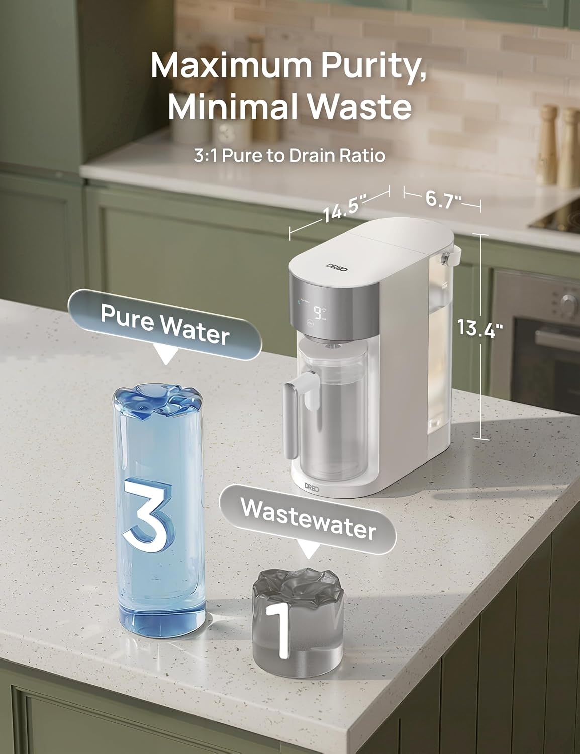 image:imageDREO Reverse Osmosis Water Filter Countertop RO Filtration System 31 Pure to Drain TDS amp Filter Life amp Autofill Pitcher InstallationFree SelfCleaning Water Purifier RO Water Filter 112 3LWhite