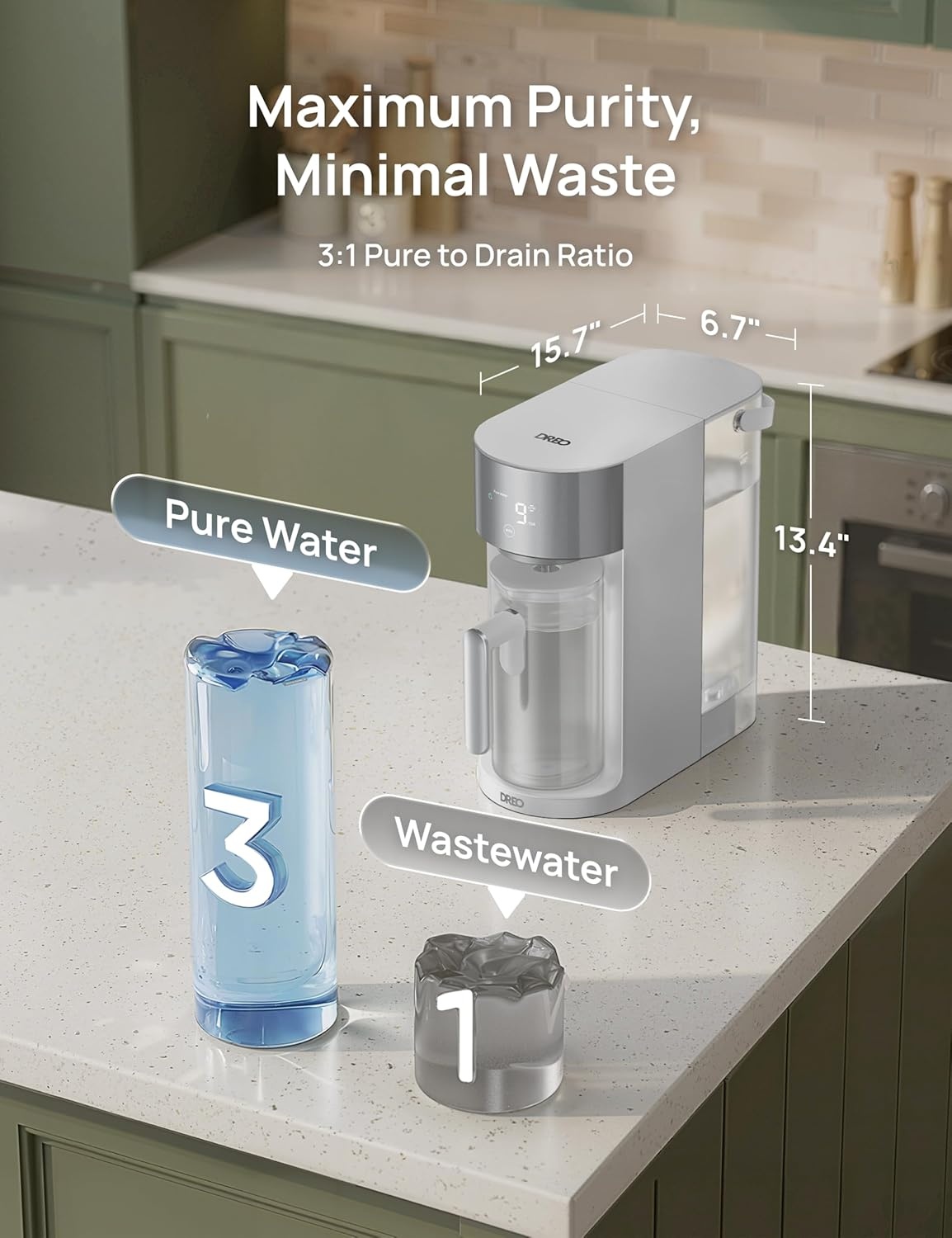 image:imageDREO Reverse Osmosis Water Filter Countertop RO Filtration System 31 Pure to Drain TDS amp Filter Life amp Autofill Pitcher InstallationFree SelfCleaning Water Purifier RO Water Filter 112 3LGray
