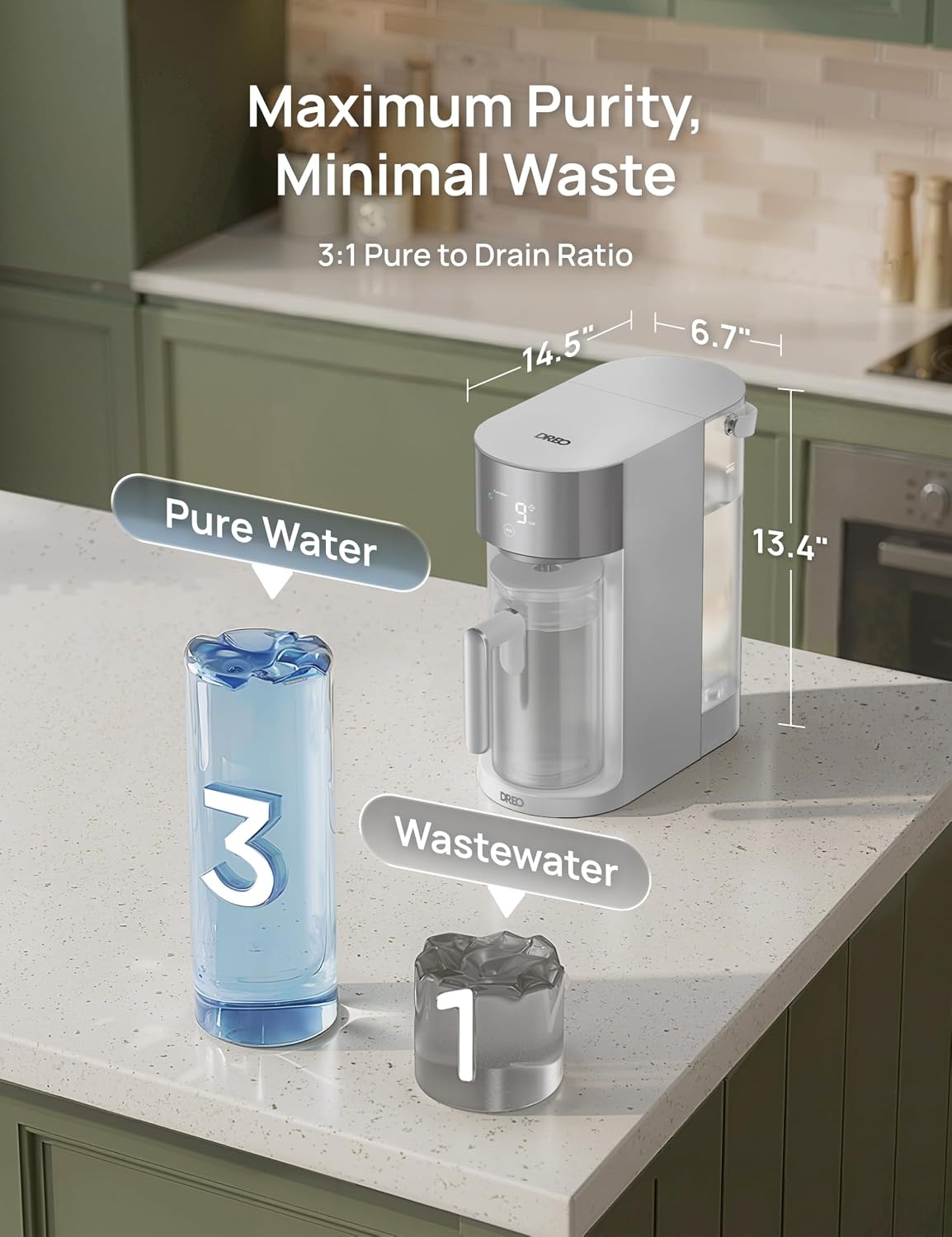 image:imageDREO Reverse Osmosis Water Filter Countertop RO Filtration System 31 Pure to Drain TDS amp Filter Life amp Autofill Pitcher InstallationFree SelfCleaning Water Purifier RO Water Filter 112 3LGray