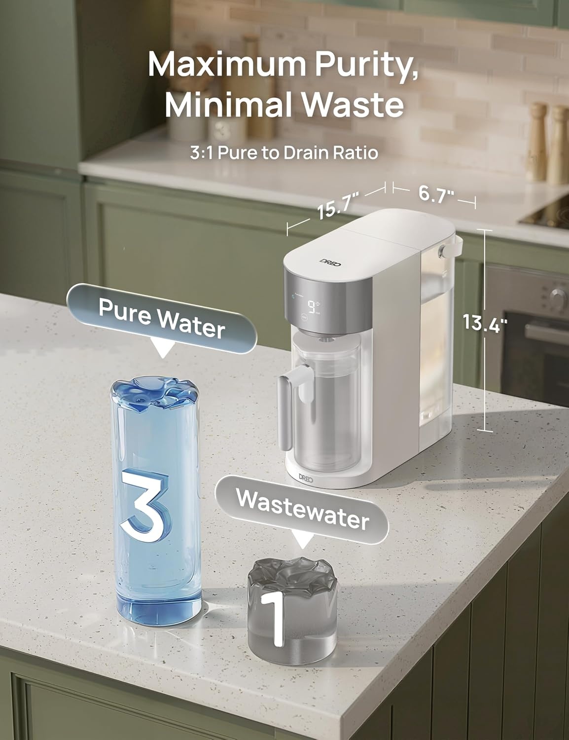 image:imageDREO Reverse Osmosis Water Filter Countertop RO Filtration System 31 Pure to Drain TDS amp Filter Life amp Autofill Pitcher InstallationFree SelfCleaning Water Purifier RO Water Filter 112 3LWhite