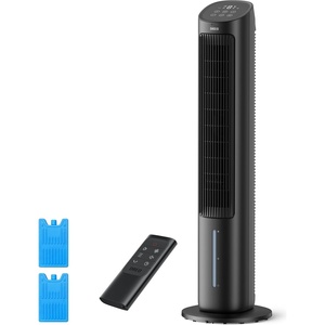 image:imageDREO Evaporative Air Swamp Cooler 40 Standing Fans that Blow Cold Air 80 Oscillating Bladeless Cooling Fan for Bedroom Removable Water Tank Ice Packs Remote Control 4 Speeds 7H Timer WhiteBlack